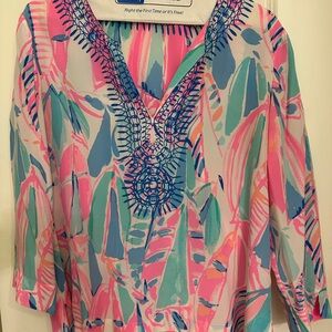 EUC, LILLY PULITZER XL Amelia Island Tunic, Out To Sea; 100% Silk Blouse Top
